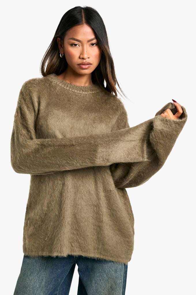 boohoo Dames Superzachte Ronde Hals Trui | Olive | Maat: Small