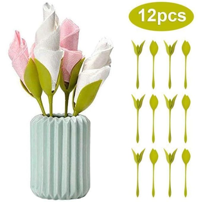 Supports de serviette - ABS - 12 pcs - Tiges vertes - Fleurs - Décoration de table vert