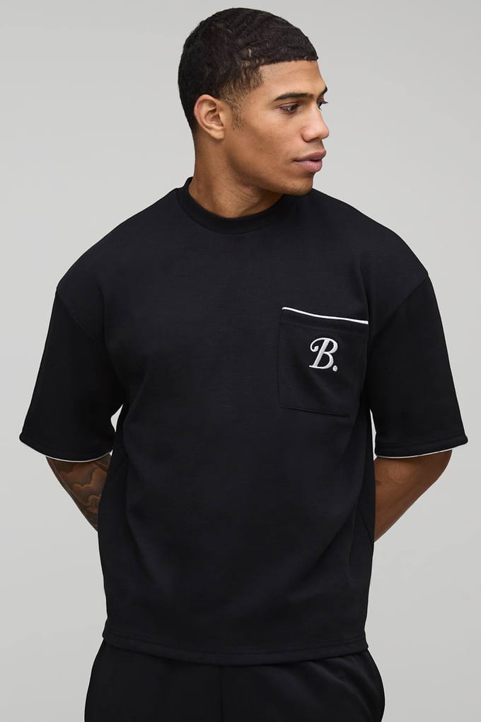 Oversized Boxy Interlock B Scroll Embroidered Piping T-Shirt | Black | Size Medium