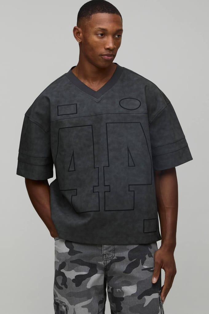 Oversized Gewassen Pu Varsity Hockey T-shirt | Black | Size Small