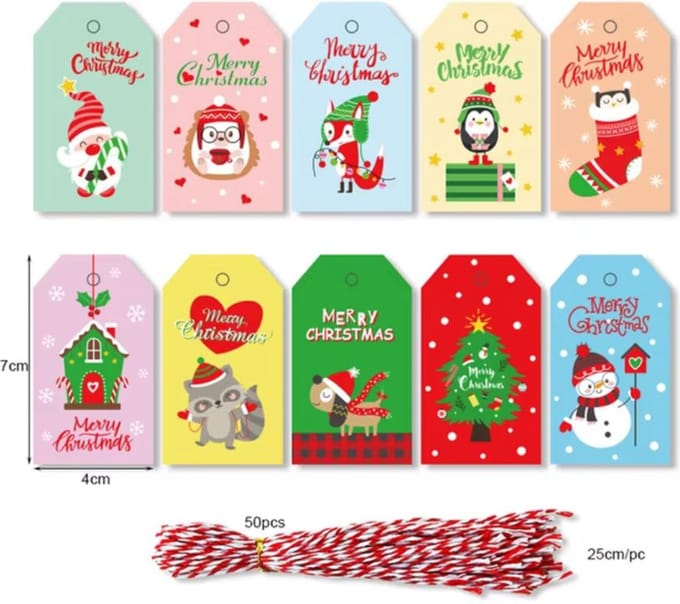 50 stuks kerst cadeau labels met touwtjes multicolor