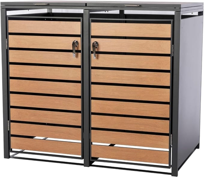 White-Label® Kliko Ombouw - Containerberging - Kast Dubbel -Grijs met bruin