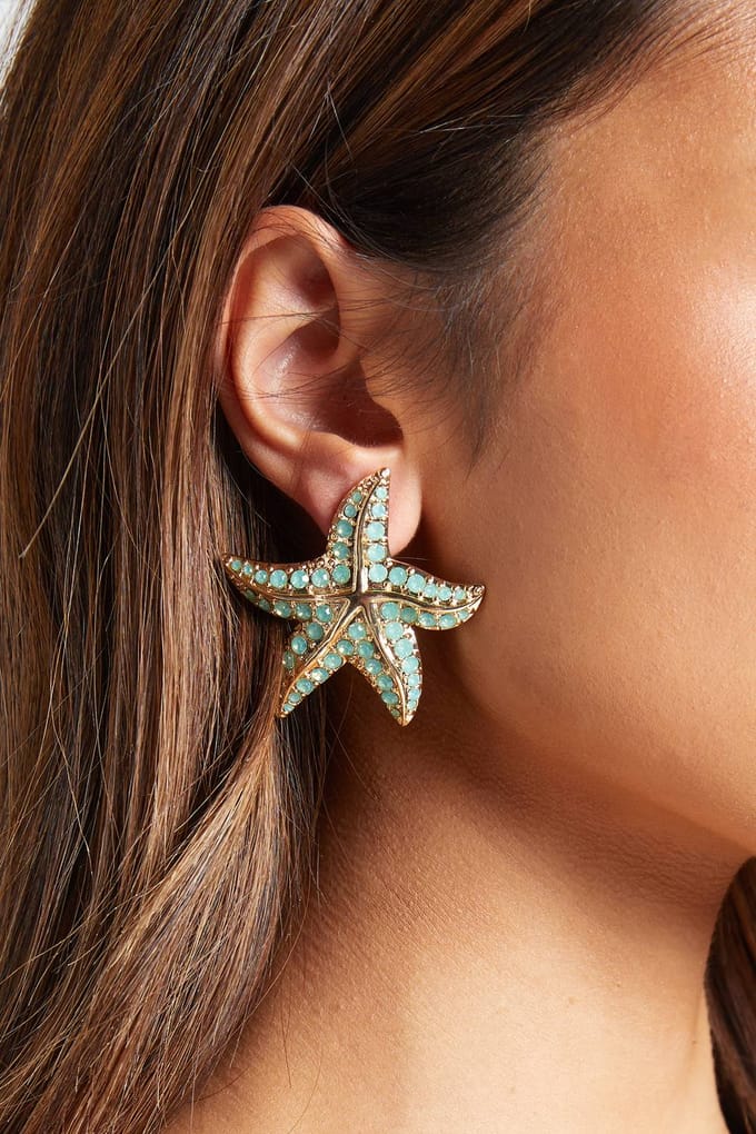 boohoo Dames Turquoise Versierde Zeester Statement Oorbellen