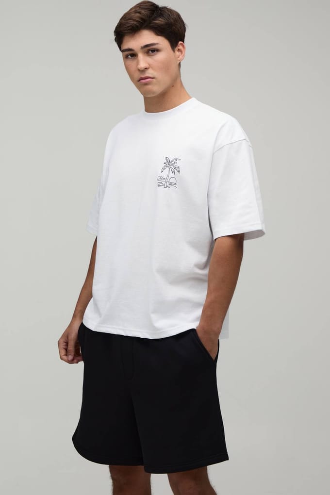 Hoog-laag T-shirt En Short Set Met Palmborduursel In Oversized Pasvorm | Black/White | Size Medium