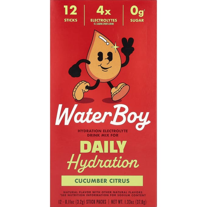 Waterboy, Hydratation Quotidienne, Mélange de Boisson Électrolytique, Concombre Agrumes, 12 Sachets Sticks, 3,2g (0,11 oz) Chaque
