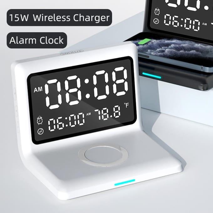 Multifunctionele digitale spiegelklok 15W draadloos oplaadbare wekker met groot dimbaar display zwart