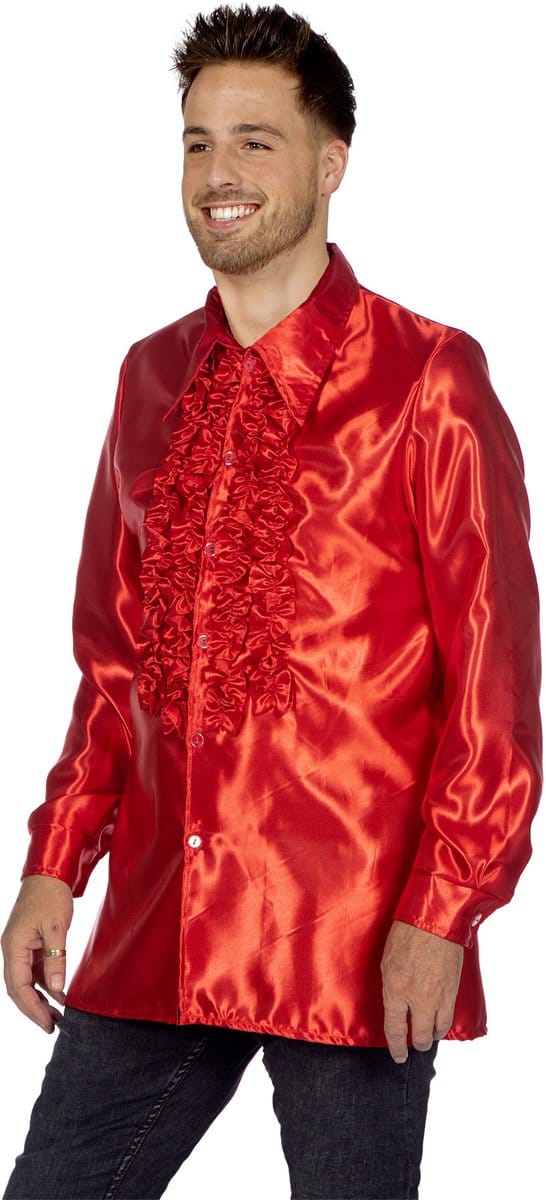 Ruchesblouse satijn rood Kevin - Maat 54