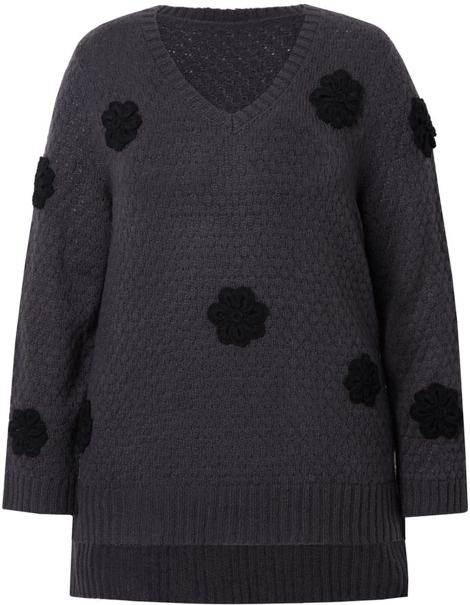 MIAMODA - Dames - Pullover classic fit 3D-bloemen zijsplitten - Antraciet - Maat 50+