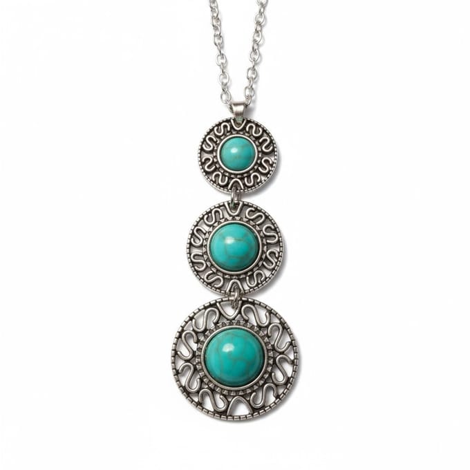 Boho sieraden halsketting - Gemarmerde turquoise stenen -Antiek zilver