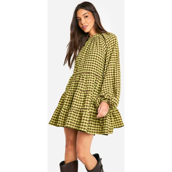 boohoo Dames Textured Check Smock Dress | Green | Maat: 8