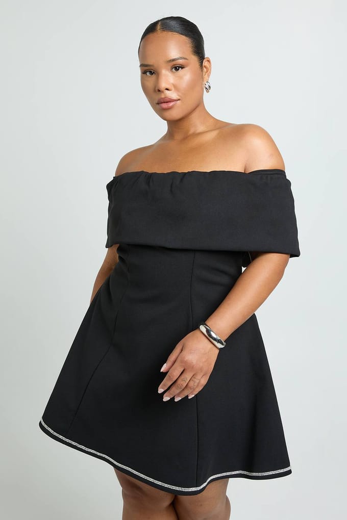 boohoo Dames Plus gestructureerde Diamante Bardot skaterjurk | Black | Maat: 16