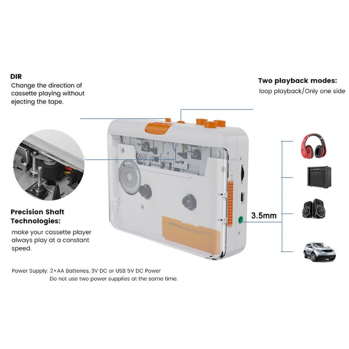 218SP cassetteband-naar-mp3-converterrecorder via pc-cassettespeler met oortelefoon wit