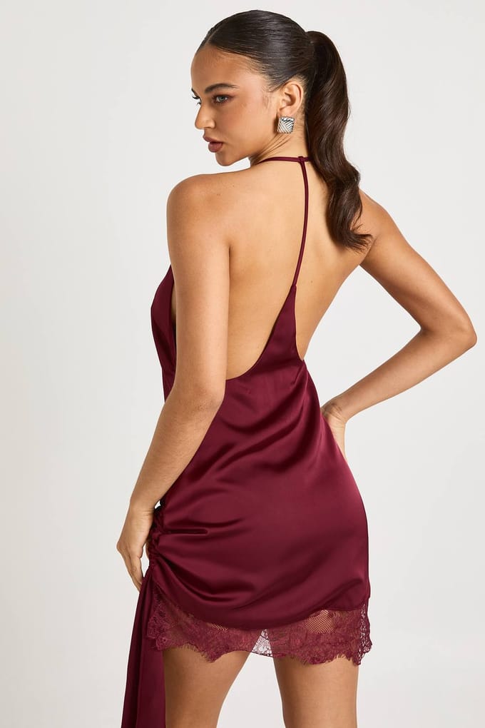 boohoo Dames Wikkeljurk met kant | Burgundy | Maat: 14