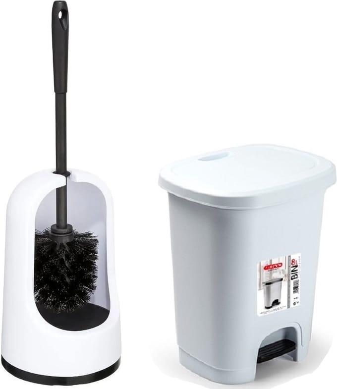 5Five WC-/toiletborstel houder 40cm - Wit - Met kleine pedaalemmer 8L