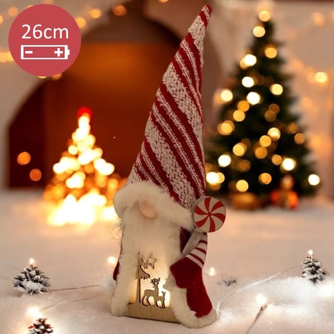 Handgemaakte LED Gnoom met kerstdecor - Rood - 39 cm