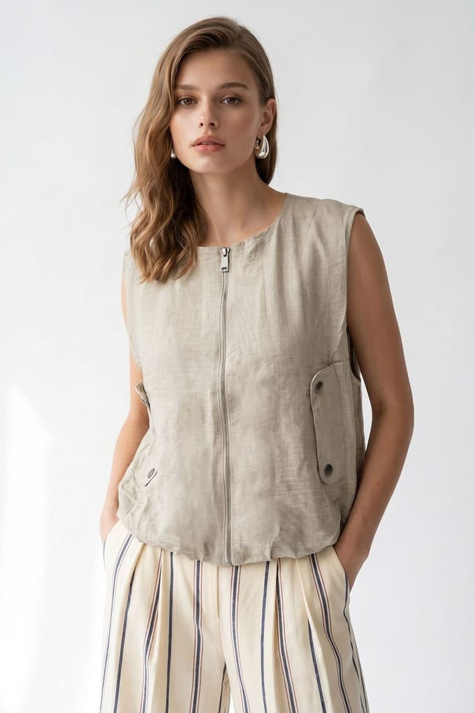 Dames Woven Poplin Mouwloos Vest Met Rits Voorkant