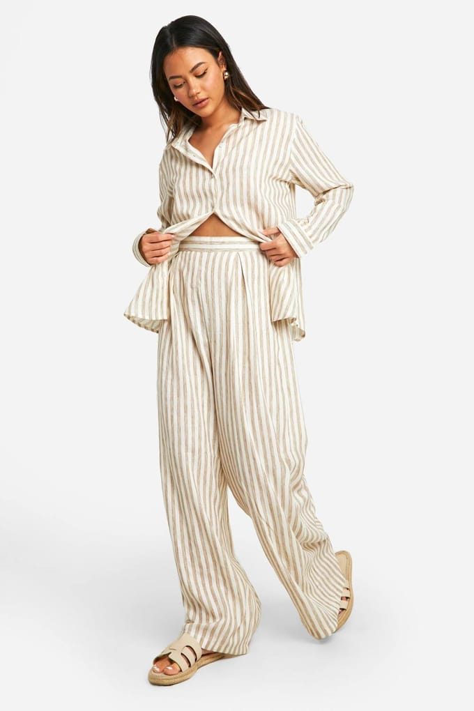 boohoo Dames Stripe Linen Look Wide Leg Trousers | Ecru | Maat: 42