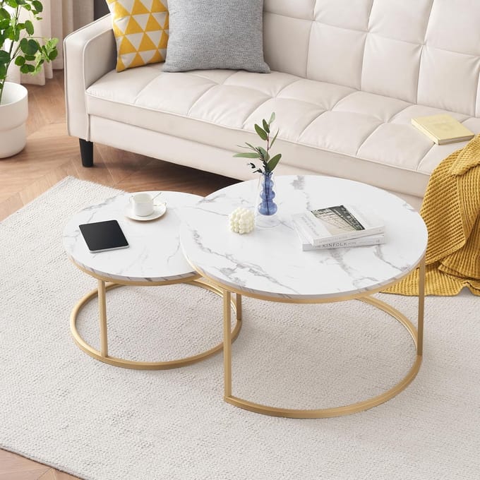 Ronde Salontafel Set met Marmerlook en Gouden Frame - Diameter 80 cm & 60 cm