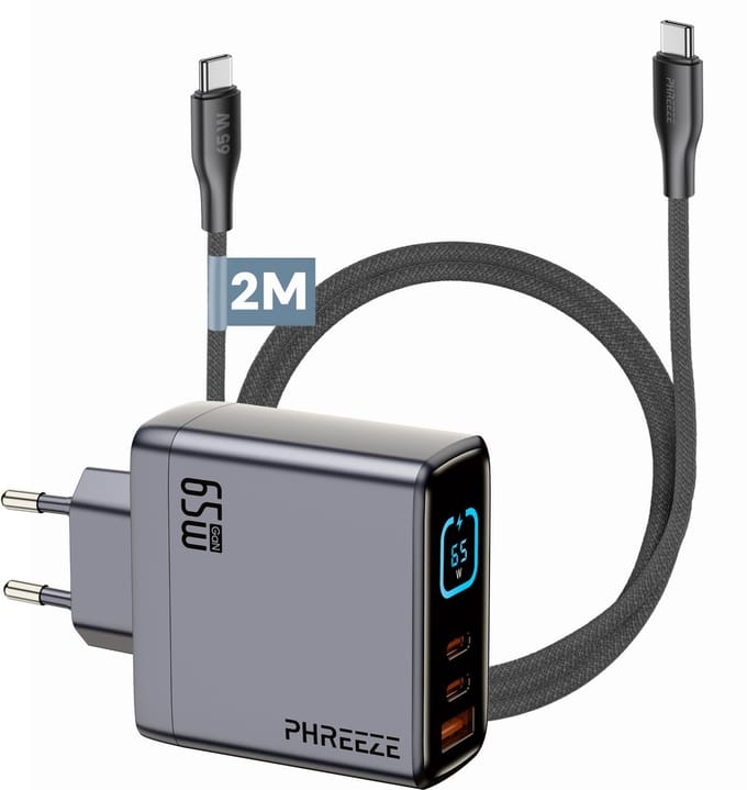 USB C Power Adapter Set 65W Snellader Incl USB C Kabel 2 Meter Lang Zwart
