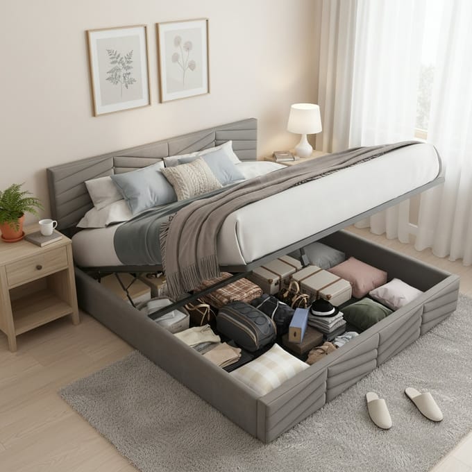 Gestoffeerd Bed - 140x200 cm - Hydraulisch met Strepen - Verstelbaar Hoofdbord - Fluweel - Grijs