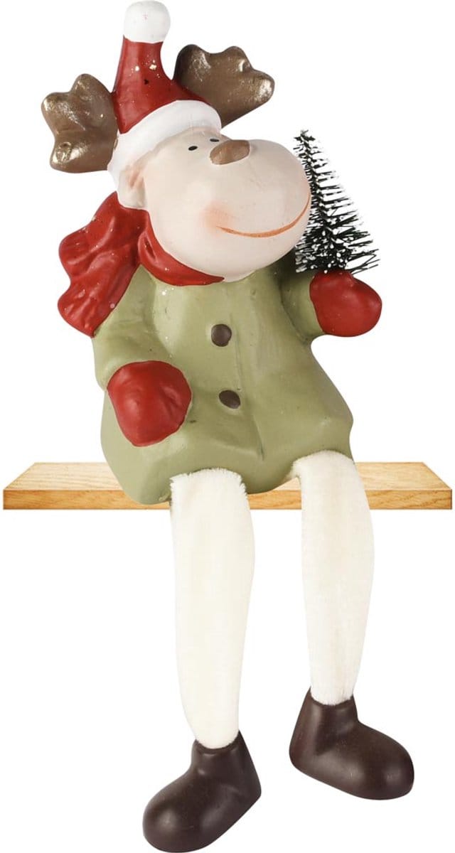 Dekoratief | Rendier m/hangbenen, groen/rood, TC, 6x6x12cm | A255410