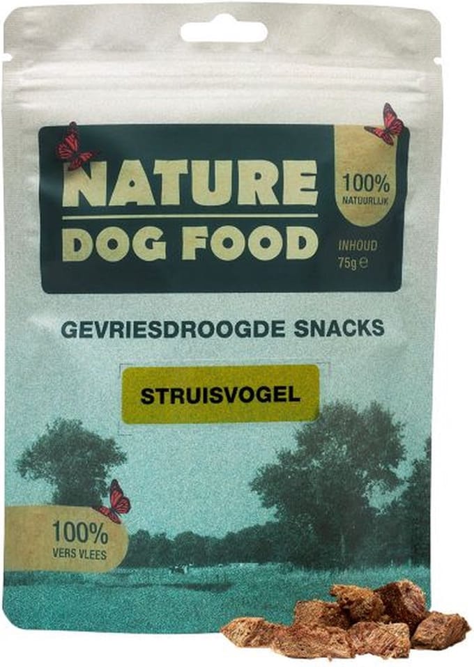 Nature dog food gevriesdroogde snacks struisvogel