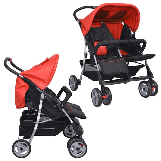 vidaXL - Tweelingwagen - staal - rood - en - zwart