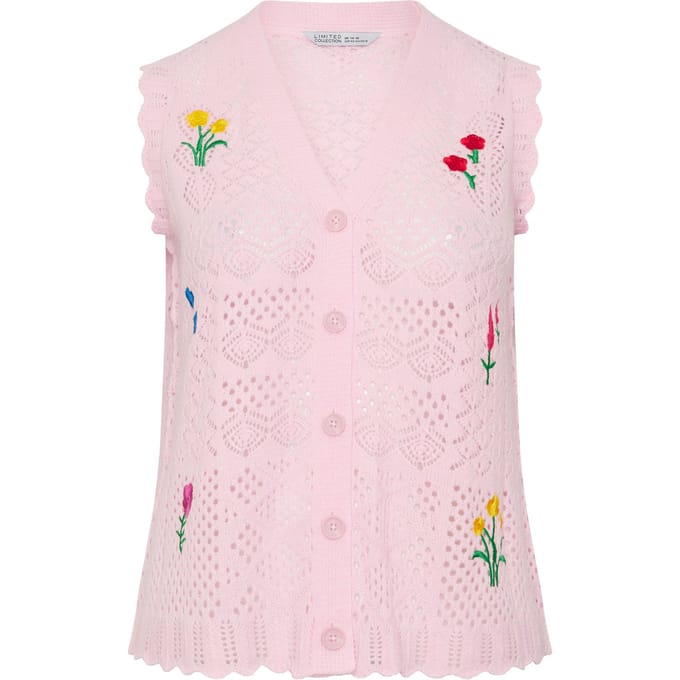 Limited Collection Roze Gebreid Gilet Met Bloemen Size 66-68