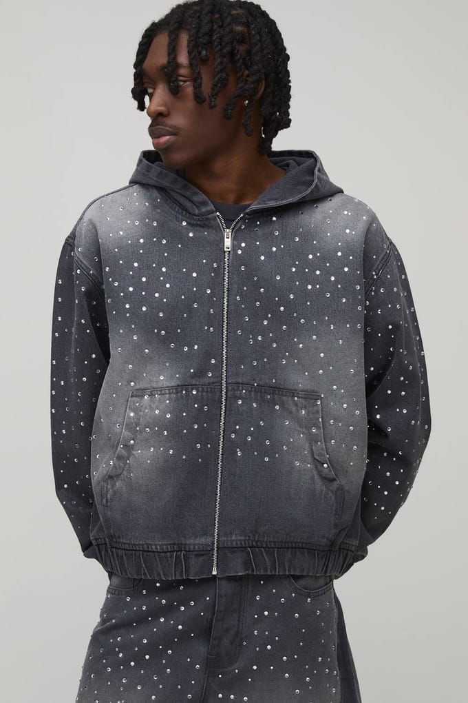 Gewassen Rhinestone Boxy Oversized Hoodie Van Denim Met Rits | Grey | Size XL