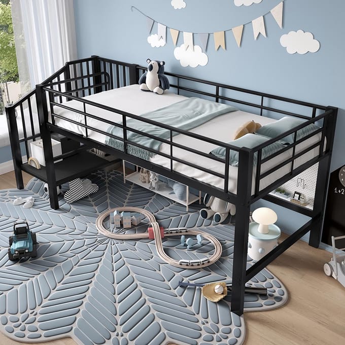 KOMHTOM Halfhoog bed 90 x 200 met opbergtrap zwart