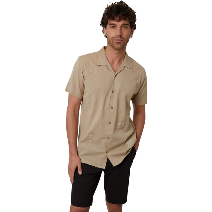 Threadbare Heren Borduuroverhemd met Korte Mouwen (Stone)