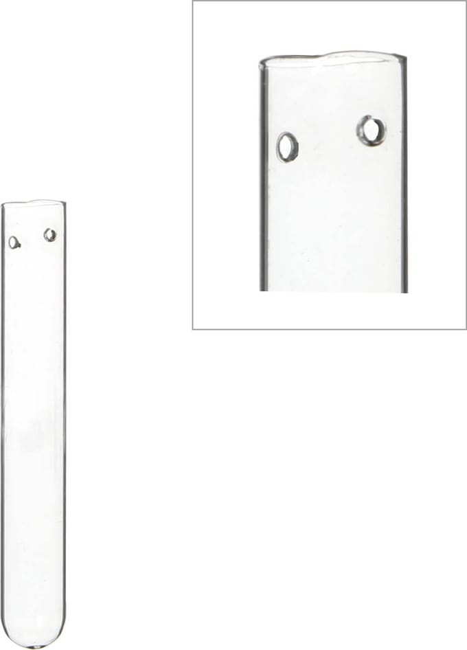 Reageerbuis Glas 1.5cm diameter 15cm hoog, met 2 gaten (set van 12 stuks)