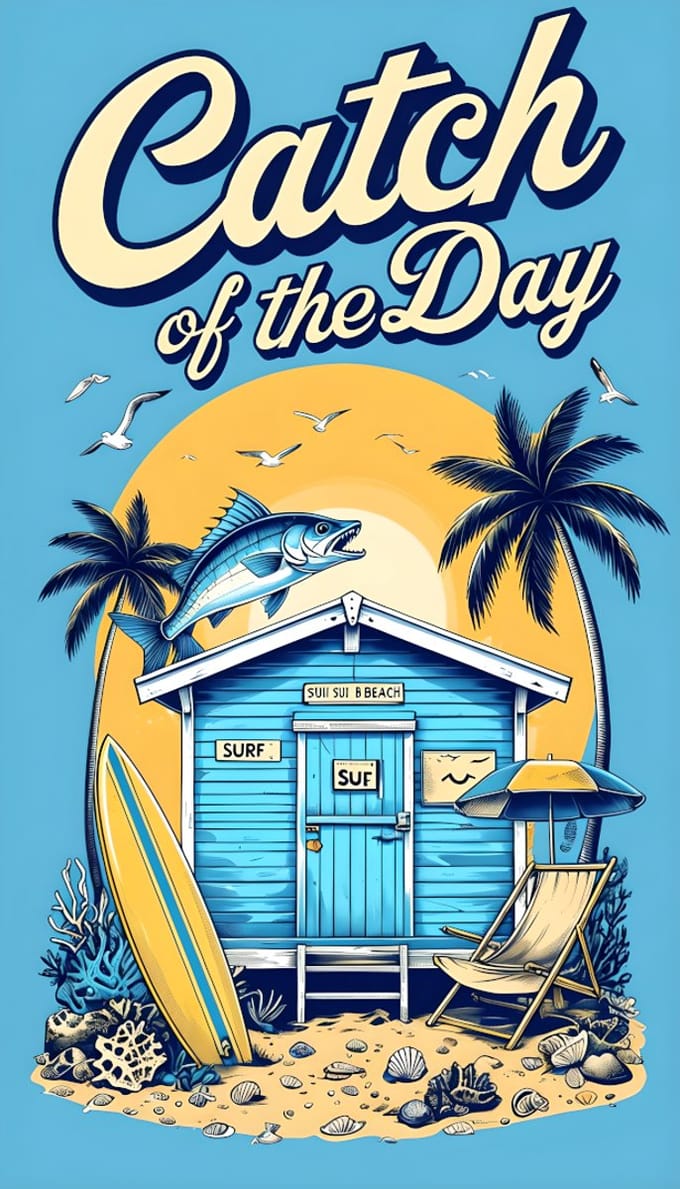 Vangst van de dag – Retro strandhutposter (A4, glanzende afwerking)