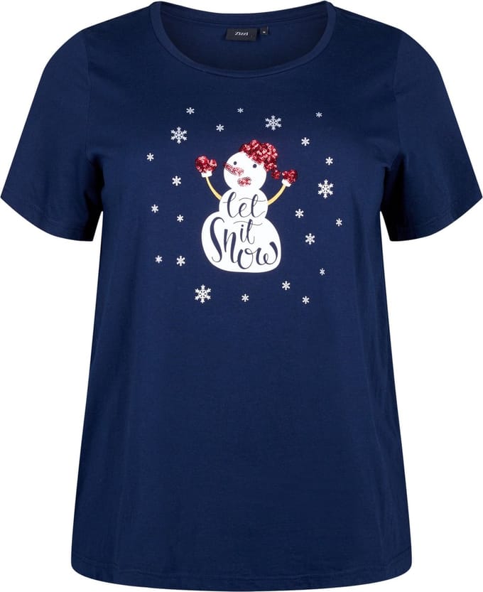ZIZZI VCHRISTMAS, S/S, STRAIGHT TEE Dames T-shirt - Blue - Maat M (46-48)