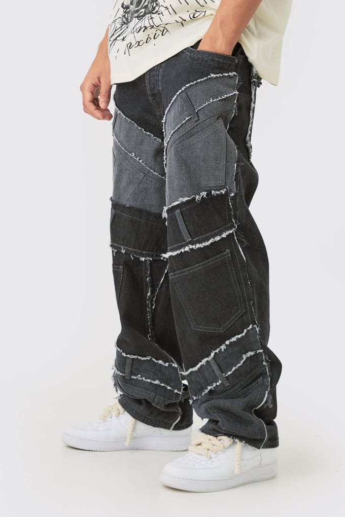 Baggy Rigid Patchwork Tailleband Detail Jeans in Zwart | Washed Black | Size 36R