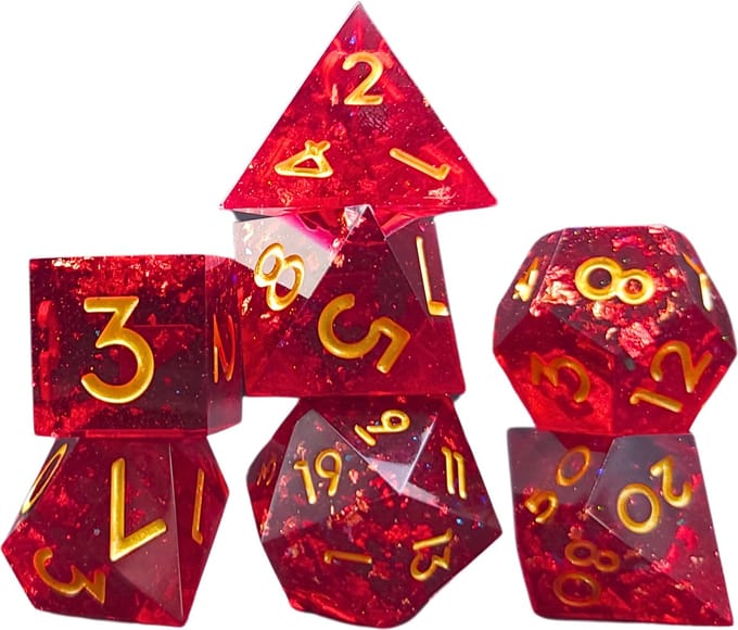 Resin Dobbelstenen Set - Ruby Glitter - Dice Set - Polydice Set - 7 Stuks - Inclusief metalen case en velvet opbergzak