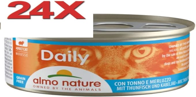 24x Almo Nature Daily - Kattenvoer Natvoer Blik - Mousse - Tonijn & Kabeljauw - 85g