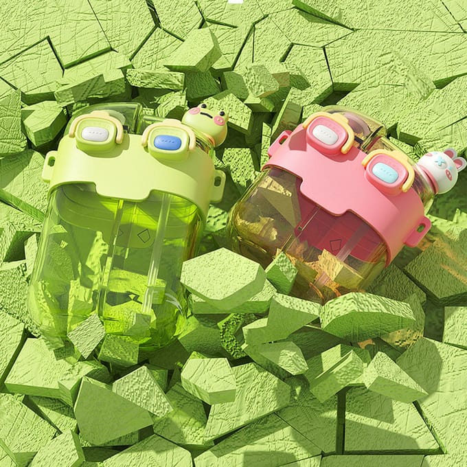 Kawaii Waterfles Mode Plastic Dubbele Drinkwaterfles met Rietje Verstelbare Riem voor Lime 780ml