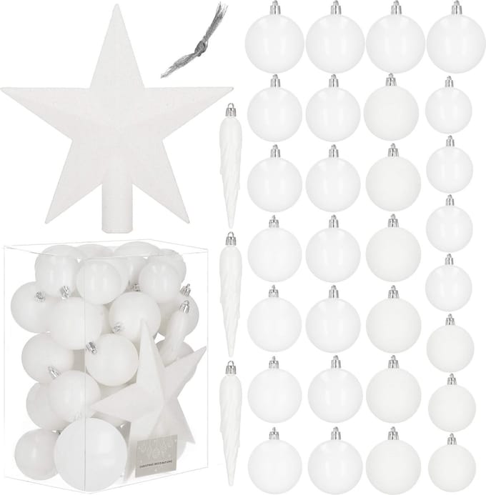 Springos Kerstballen & Piek | 33 Stuks | 5/6/8 cm | Wit