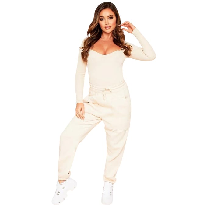 Missy Empire Damesbodysuit met cups en geribde lange mouwen (Crème)