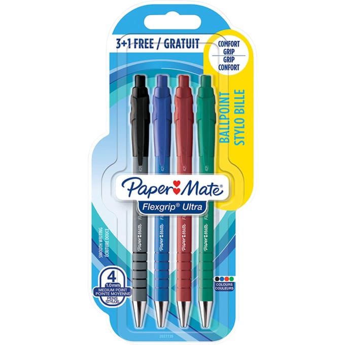 Paper Mate Flexgrip Ultra-balpennen met drukknop | Medium punt (1,0 mm) | Diverse kleuren | 4 stuks