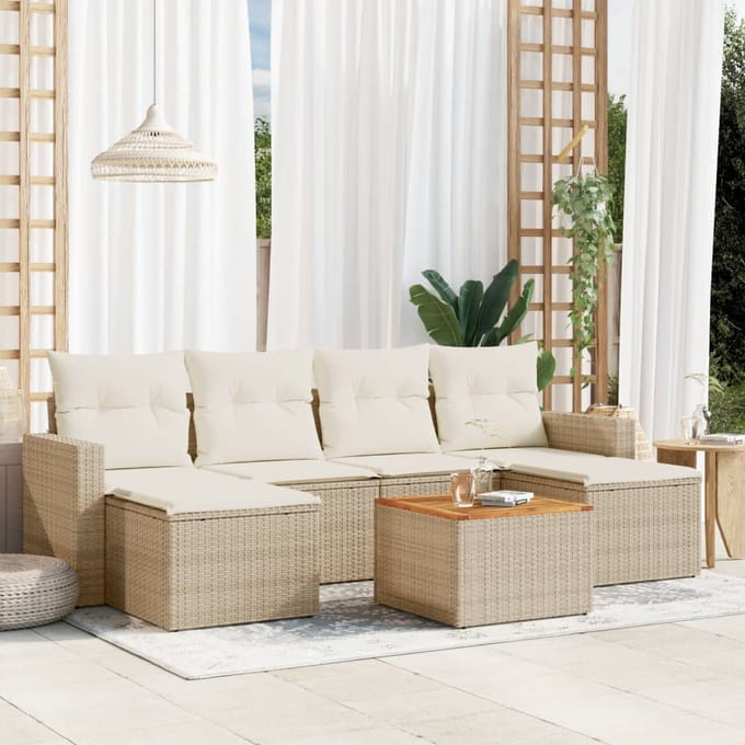 vidaXL - 7-delige - Loungeset - met - kussens - poly - rattan - beige