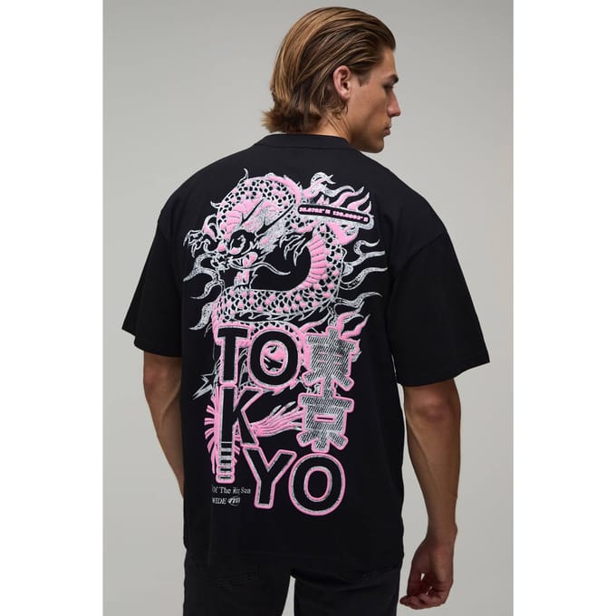 Zwart Oversized T-shirt Met Dragon Puff Print | Black | Size Medium