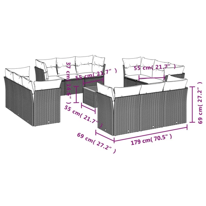 vidaXL - 13-delige - Loungeset - met - kussens - poly - rattan - grijs