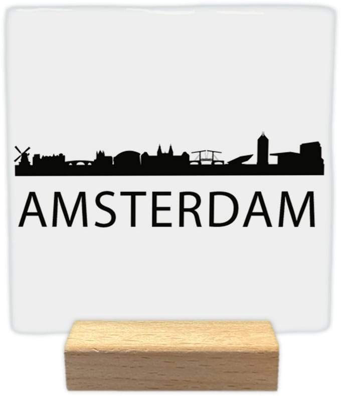 Amsterdam skyline - Keramische decoratie tegel - incl. houten presenteerblok