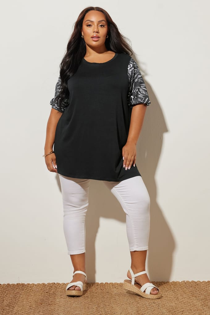 Yours Zwarte Top Met Dierenprintmouwen Size 48