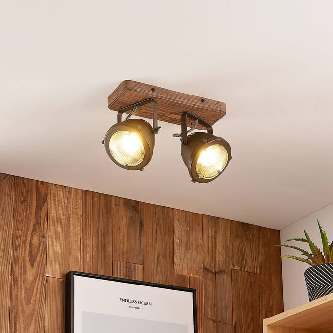Lindby - buitenspot - 2lichts - Metaal, hout - H: 17.5 cm - GU10 - zwart, bruin