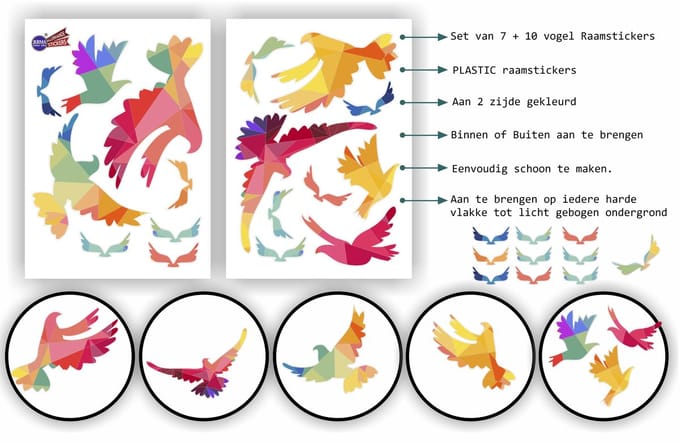 Jerma - Raamsticker - kleurige Tangram vogels - div. maten - Zelfklevend - Weerbestendig