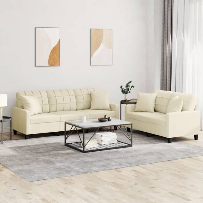 vidaXL - 2-delige - Loungeset - met - kussens - kunstleer - crèmekleurig