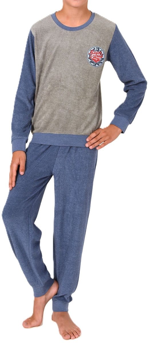 Warme jongenspyjama/pyjama van badstof met manchetten en borduursel